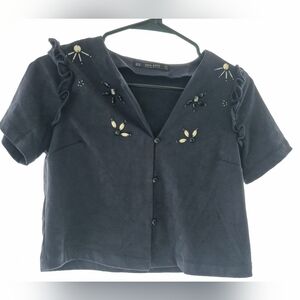 Zara Navy Embellished Cropped Top